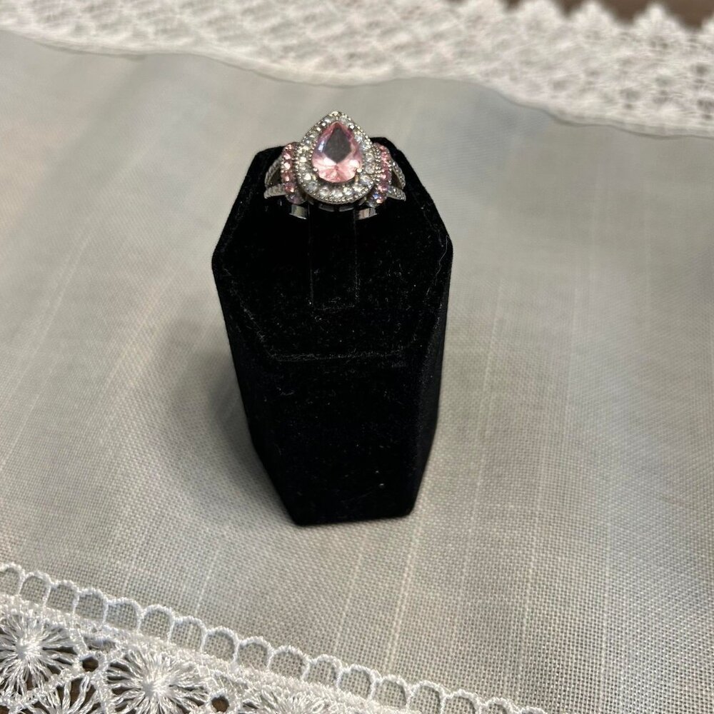 Pink and White Zirconia Teardrop Cut Ring & Pavé Accents Sterling Silver Setting